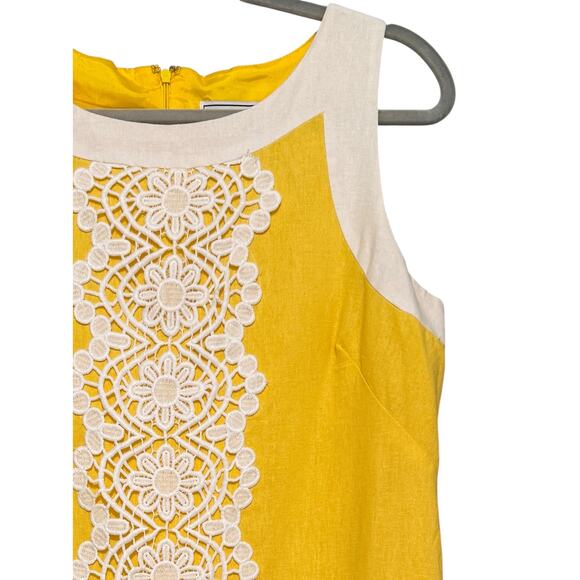 Jessica J Howard Sleeveless Linen Yellow White Shift Dress 12 Wide Lace Preppy - Picture 5 of 13
